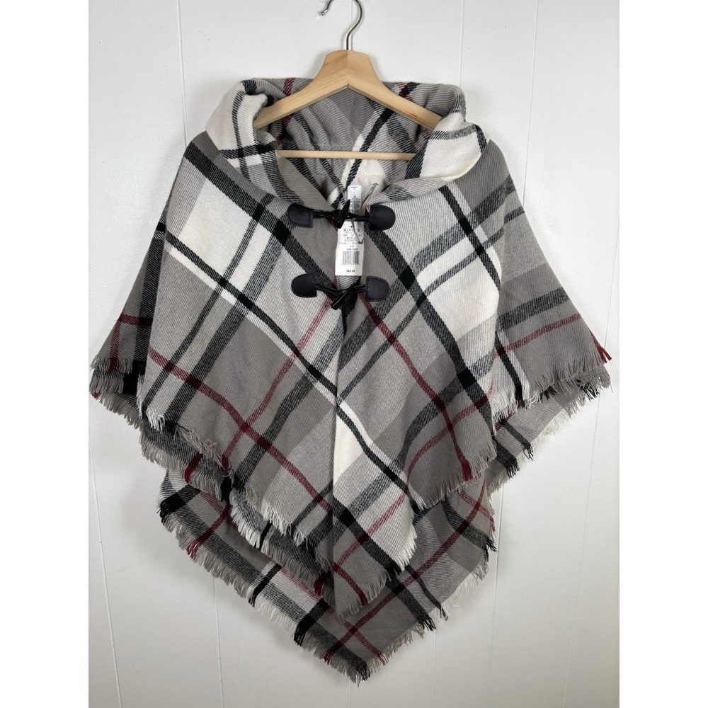 Style Collective Kohl's One Size Plaid Poncho Cape Gray Black Red Fringe NEW
